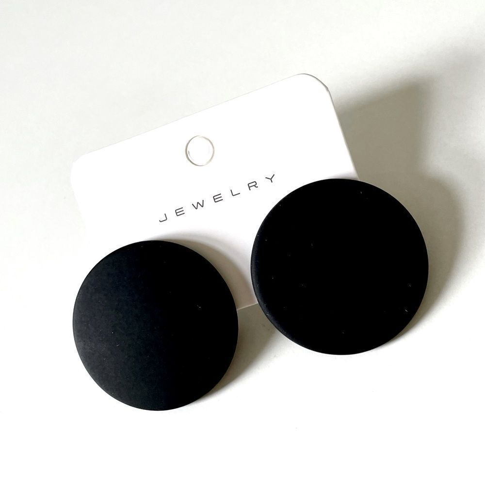 Black Large Round Button Style Disk Earrings, retro 50s 60s 90s NWT